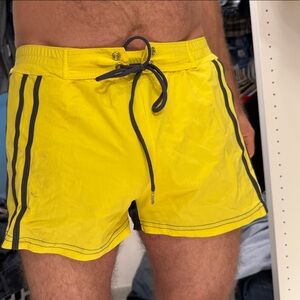Bright Yellow Swim Shorts with Black Stripes